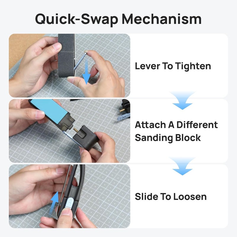 HOZO NeoBlock Sanding Block Set – 1 Magnetic Handle + 3 Swappable Heads (Basic, Pro, Expert) with 6 Grit Belts (120/180/240/400/600/800), Supports Wet Sanding, Quick-Swap for 3D Printing & DIY Project - Image 3